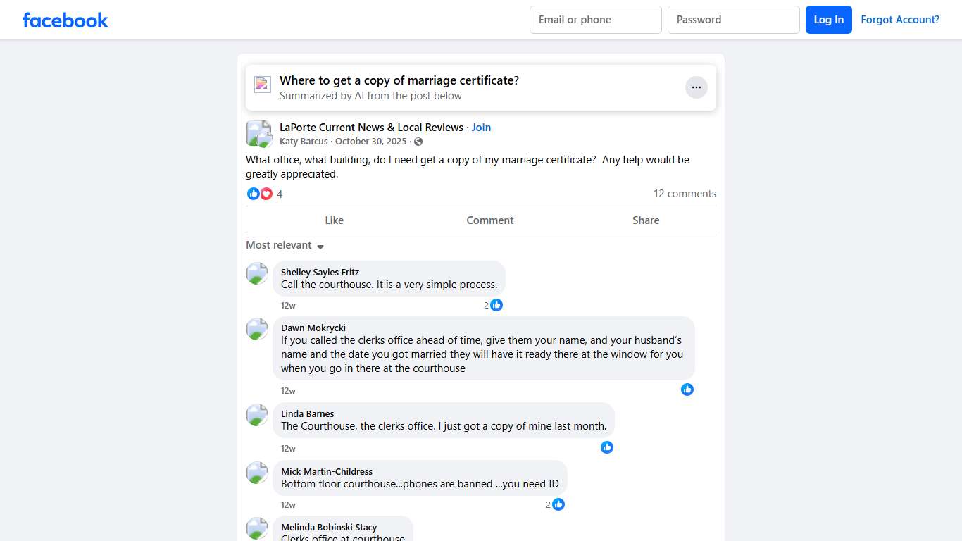 LaPorte Current News & Local Reviews What office, what building, do I need get a copy of my marriage certificate Facebook